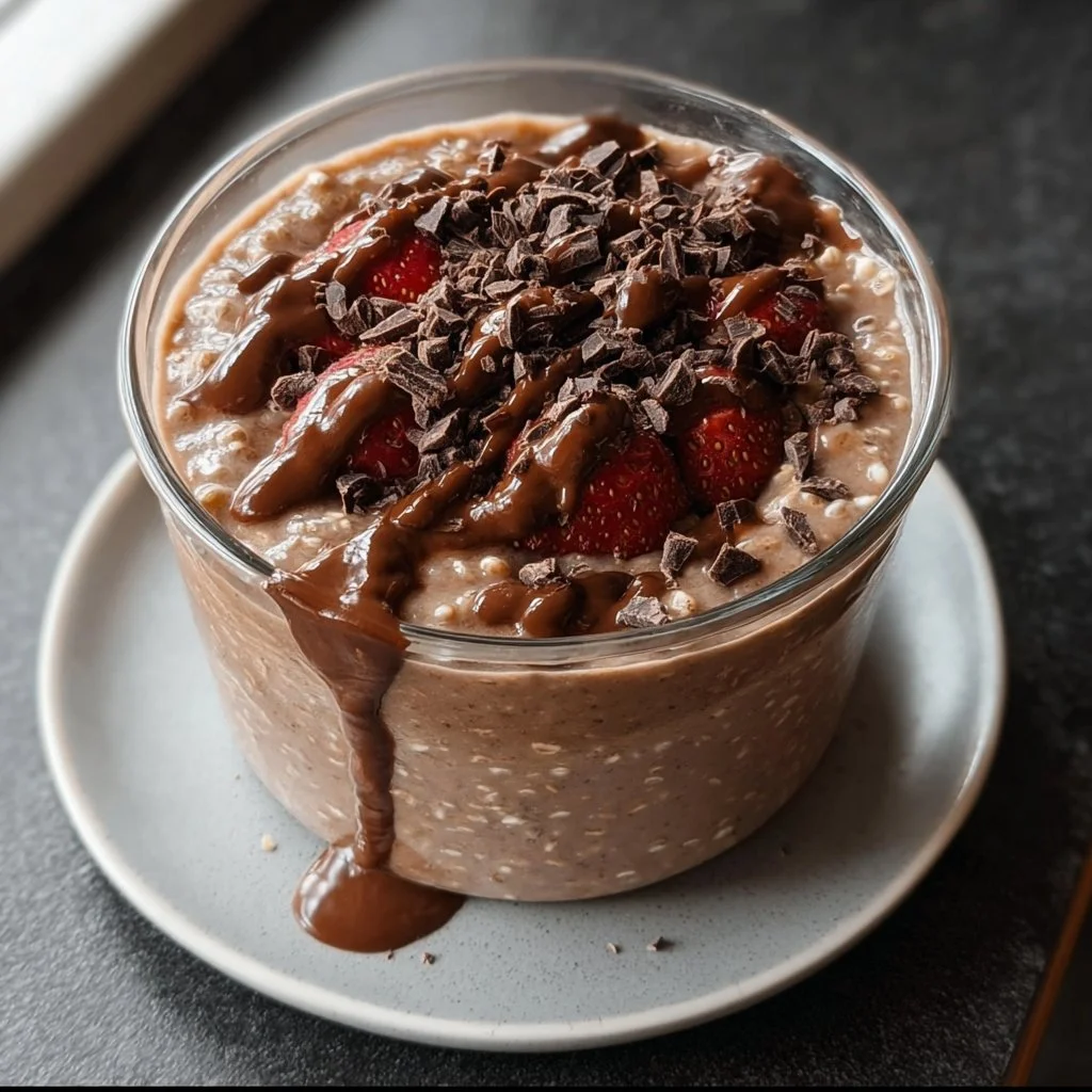 A bowl of chocolate overnight oats topped with fruits and nuts