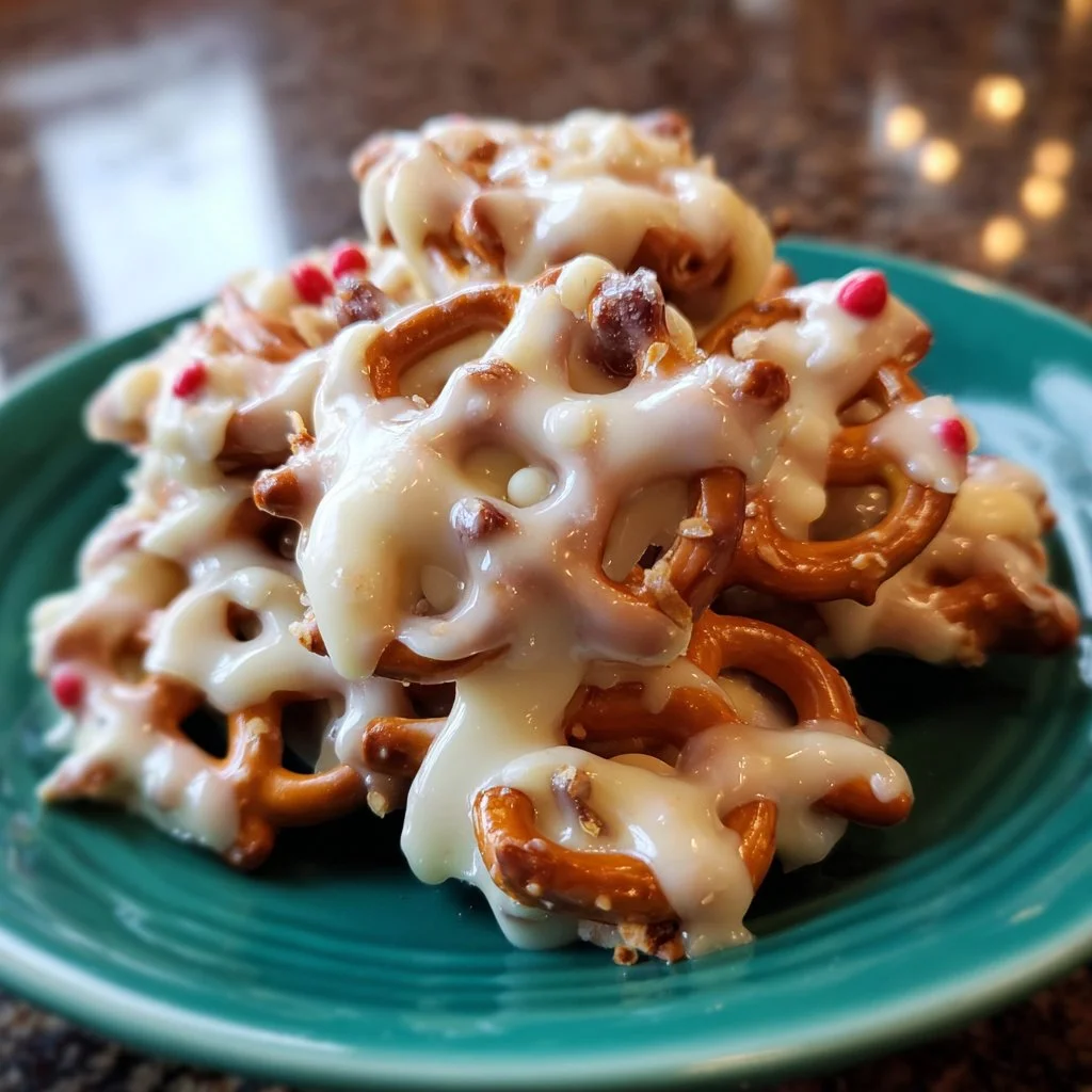 Bowl of Christmas Crockpot Candy with white chocolate and pretzel mix