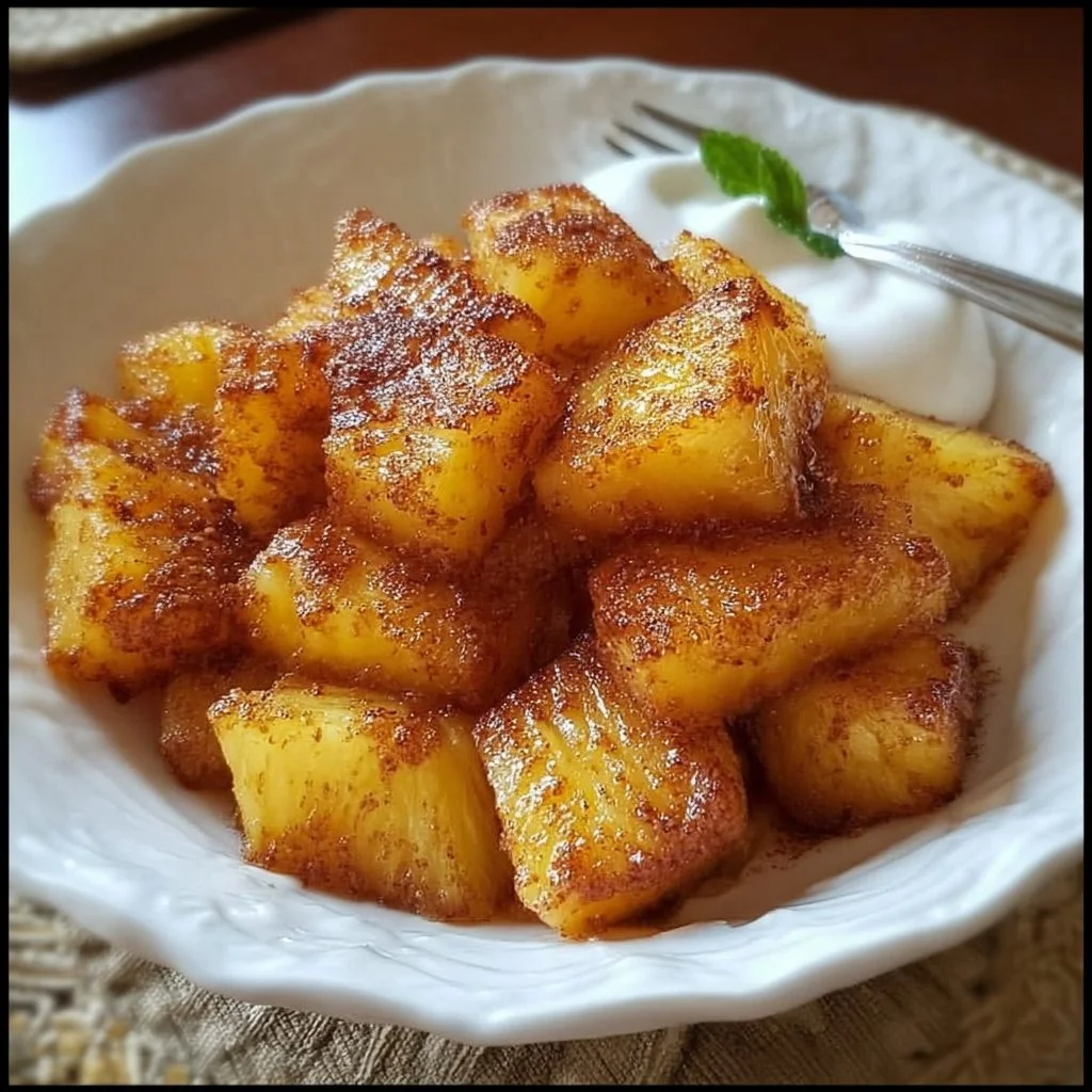 Delicious Cinnamon Fried Pineapple garnished with cinnamon and served warm