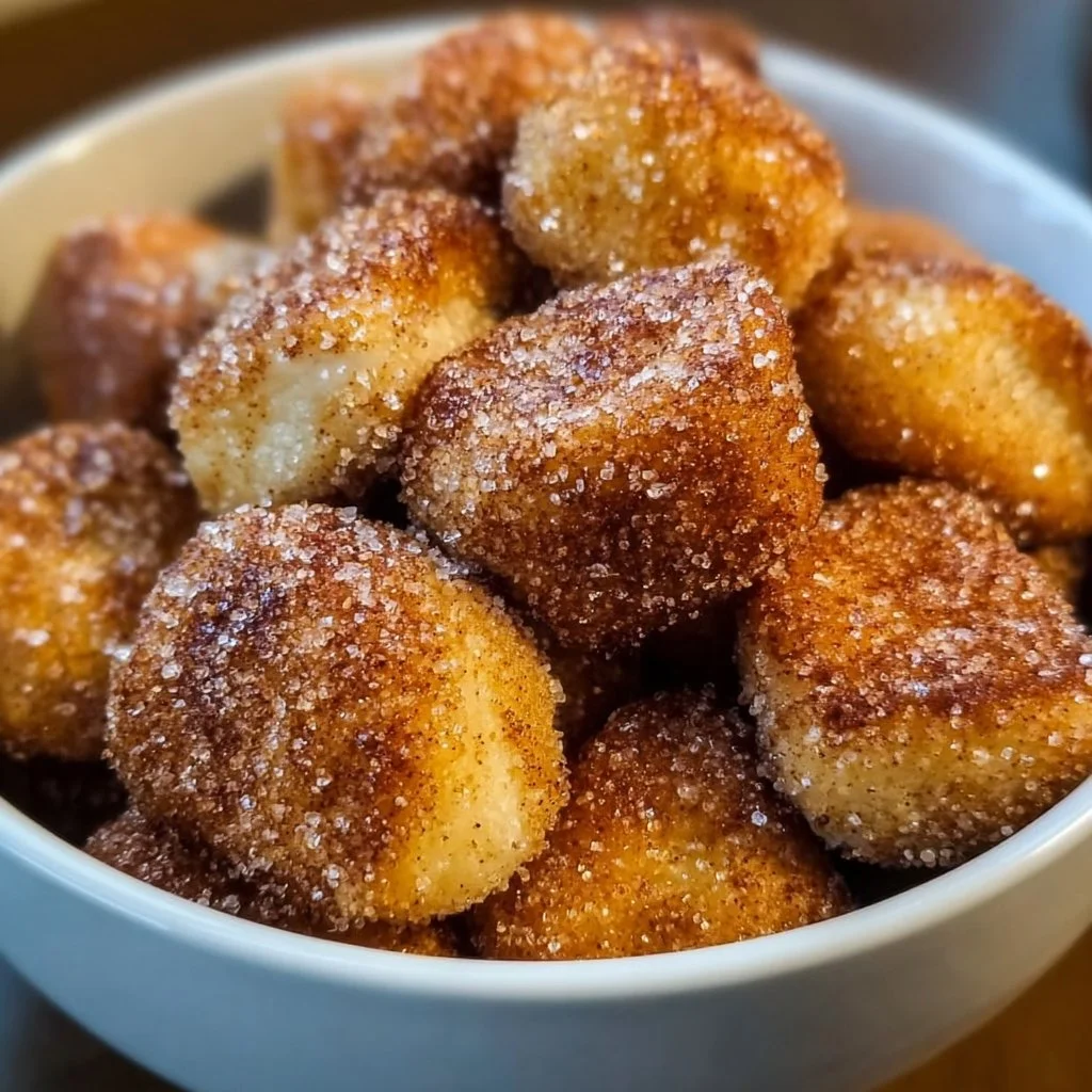 Golden-brown cinnamon sugar pretzel bites dusted with cinnamon