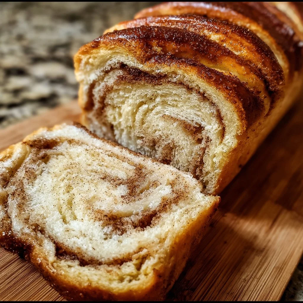 Freshly baked cinnamon swirl bread with a golden crust and sweet cinnamon filling