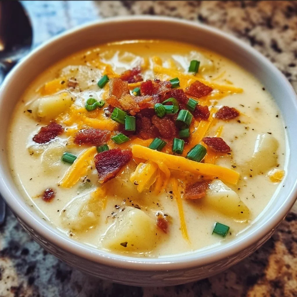 Bowl of classic loaded potato soup topped with cheese, bacon, and green onions