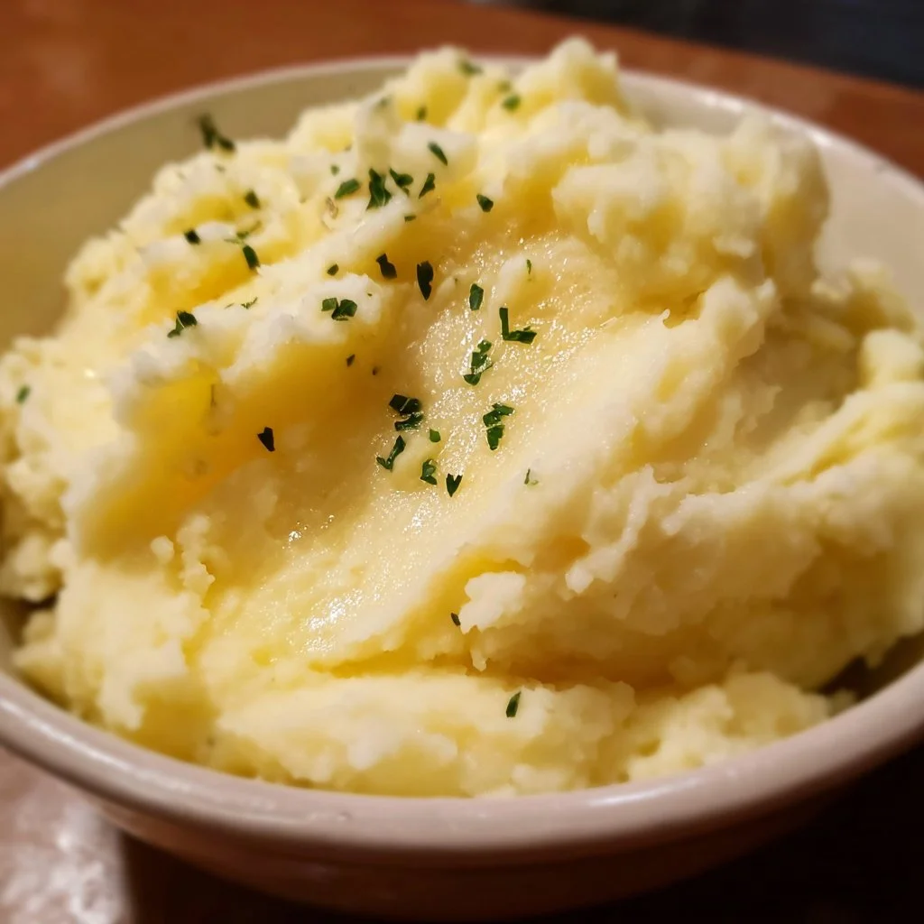 A bowl of classic creamy mashed potatoes topped with butter and fresh herbs