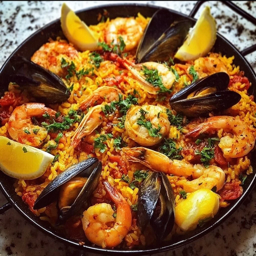 Delicious seafood paella featuring shrimp, mussels, and saffron rice