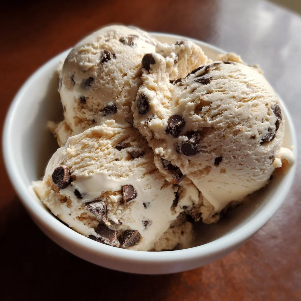Delicious coffee chocolate chip ice cream in a bowl with chocolate chips