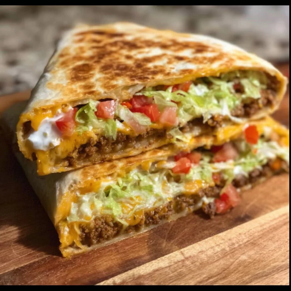Homemade Copycat Crunchwrap Supreme with layers of tasty ingredients