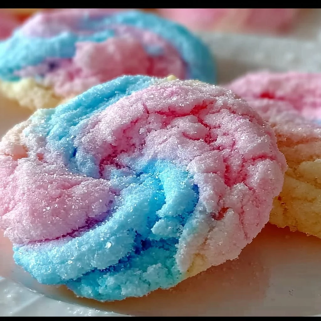 Delicious cotton candy cookies with colorful sprinkles on a vibrant background.
