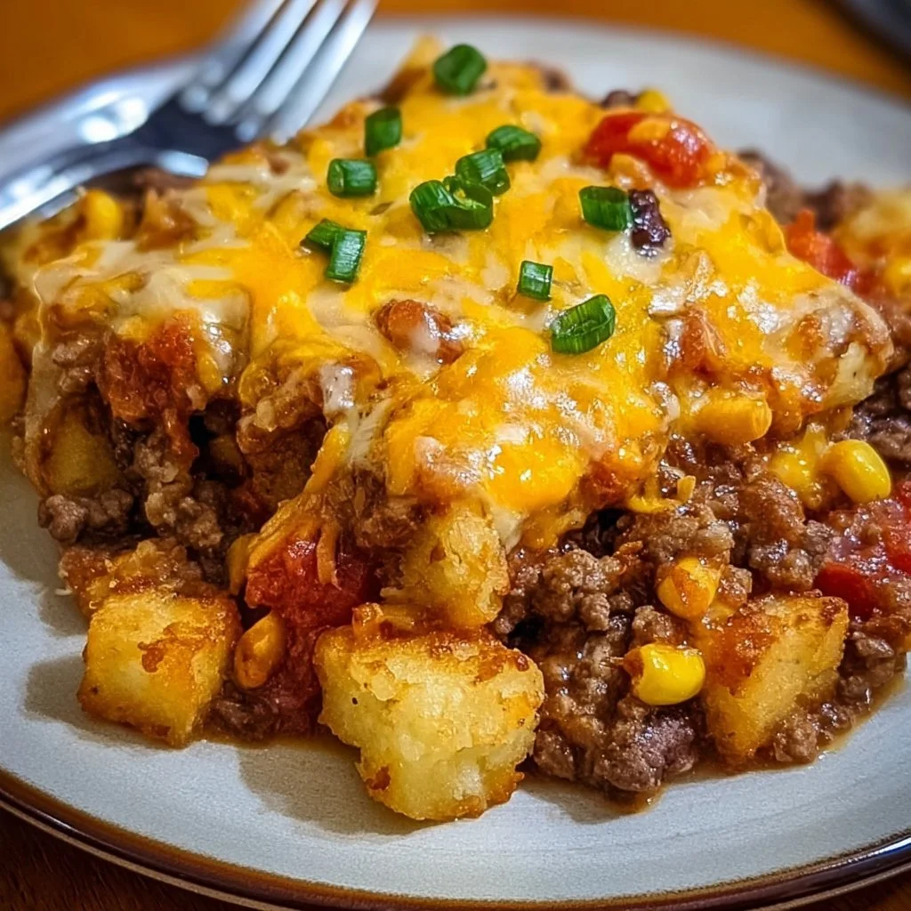 Delicious Cowboy Casserole served in a rustic dish with toppings.