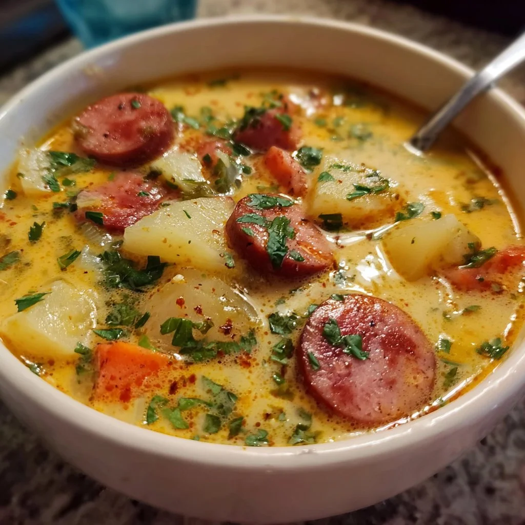 Bowl of cozy kielbasa potato soup garnished with herbs and served with crusty bread