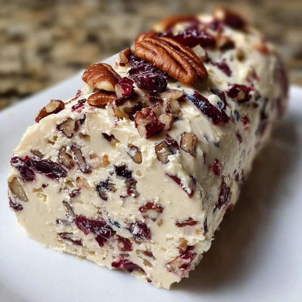 Cranberry Pecan Cheese Log served with crackers on a wooden platter