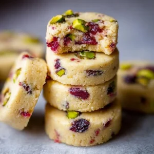 Cranberry Pistachio Shortbread cookies on a decorative plate