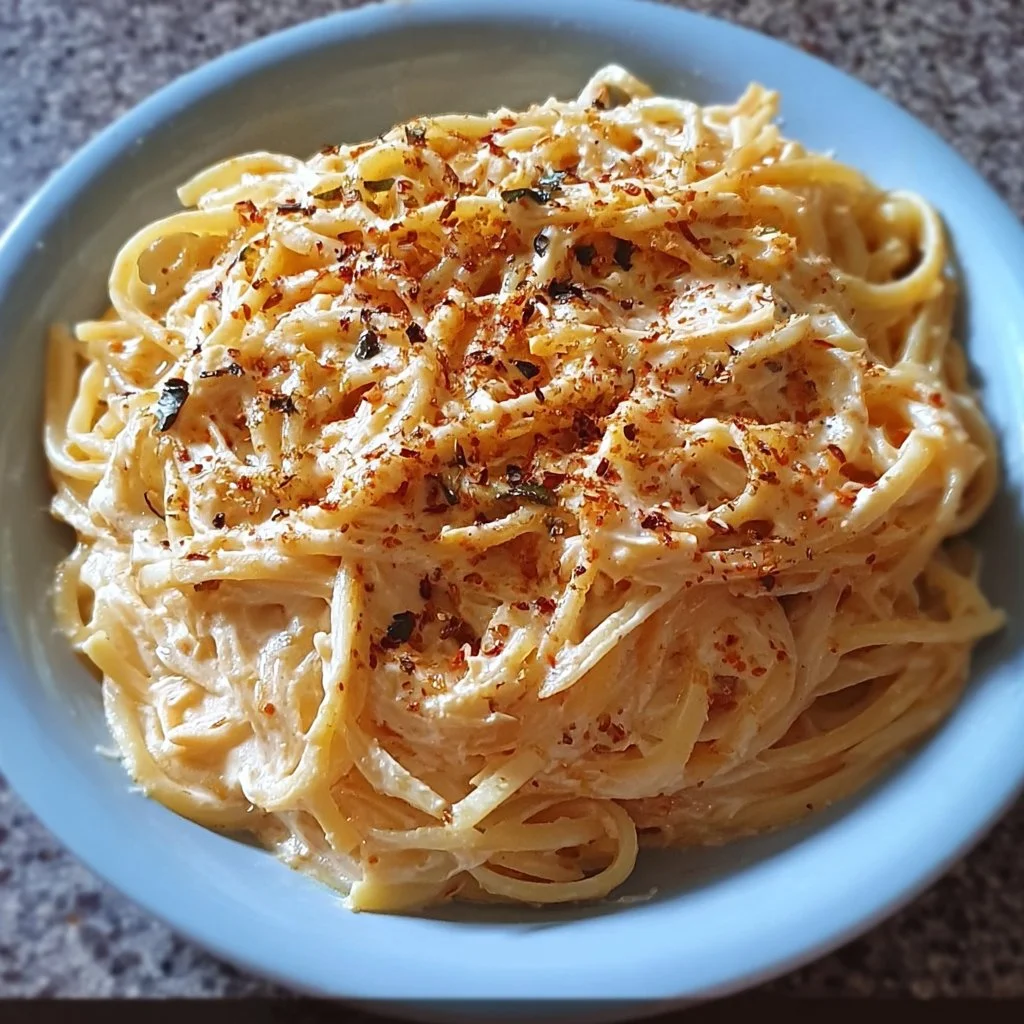 Cream cheese spaghetti topped with herbs and cheese on a plate