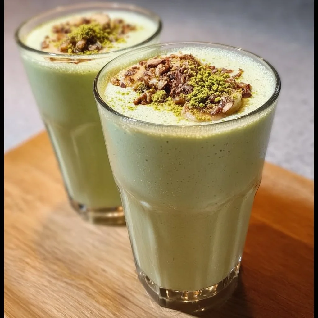 Creamy banana matcha smoothie served in a glass with a green tea powder sprinkle