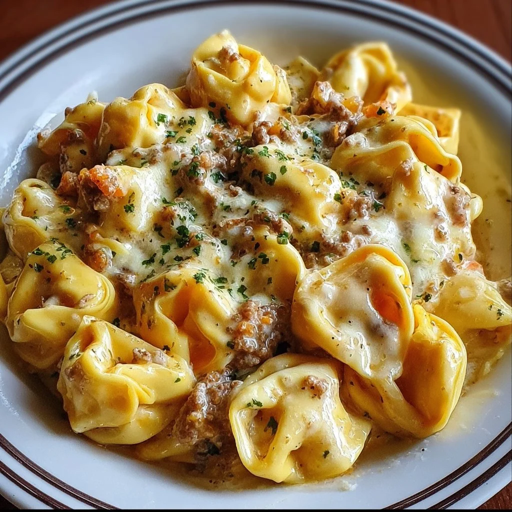 Creamy cheesesteak tortellini in provolone sauce served in a bowl