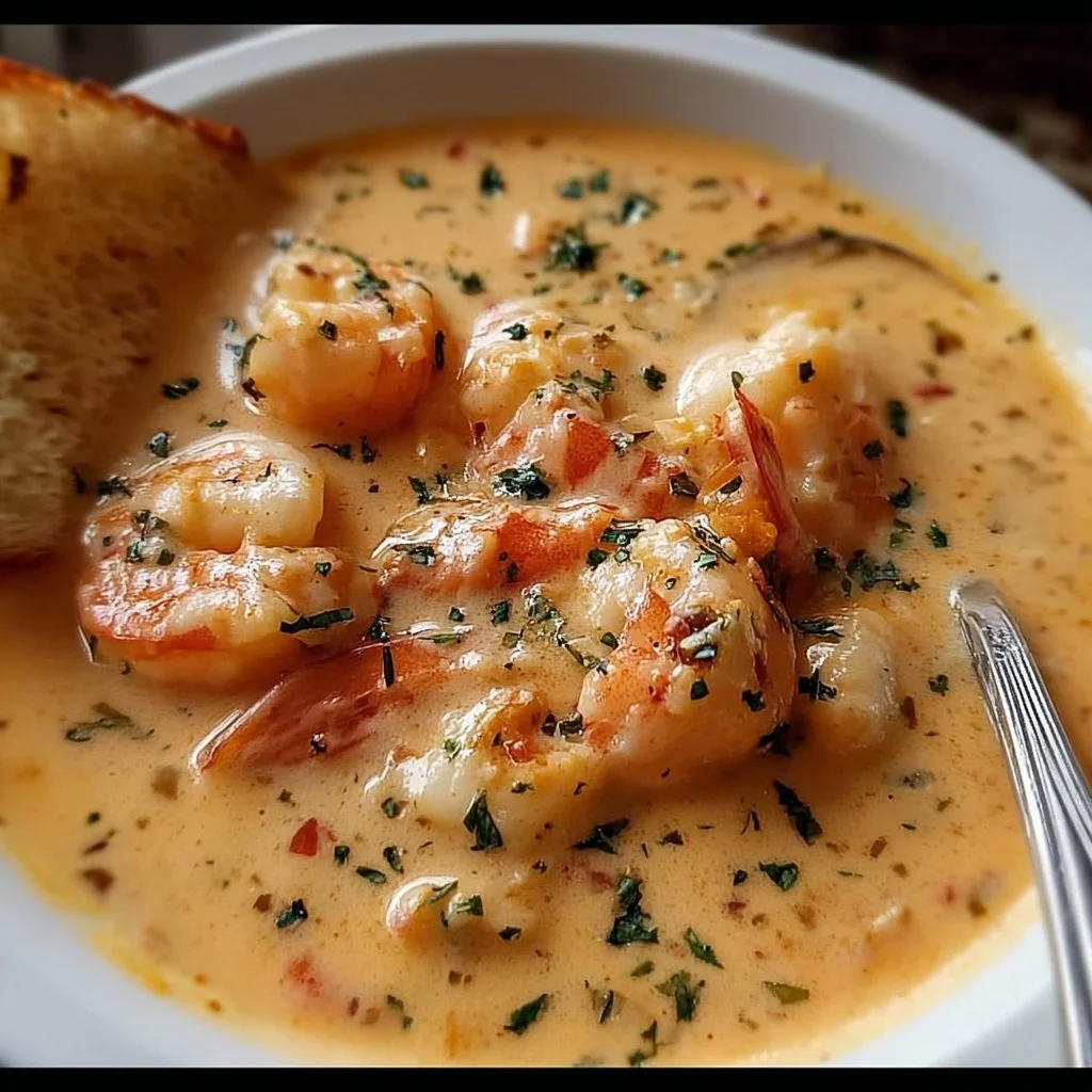 Creamy crab and shrimp seafood bisque garnished with herbs