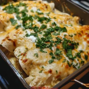 Delicious creamy dreamy chicken enchiladas on a plate topped with sauce and cheese.