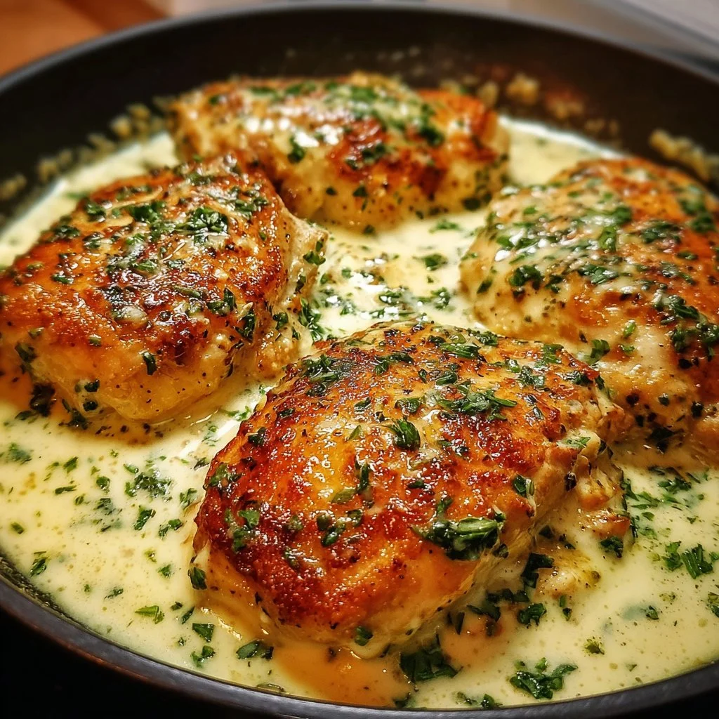 Plate of creamy garlic herb chicken garnished with fresh herbs