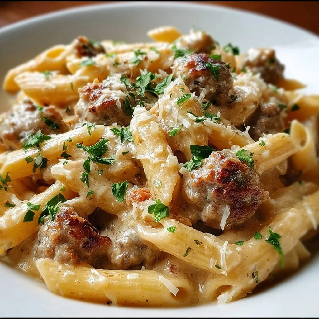 Creamy Italian sausage pasta dish served with basil and cheese