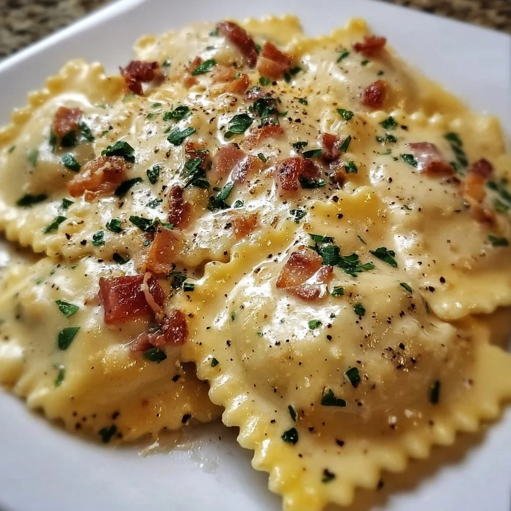 Creamy Olive Garden Ravioli Carbonara dish with garnishes