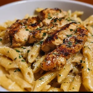 Creamy Parmesan Chicken served with penne pasta in a delicious sauce