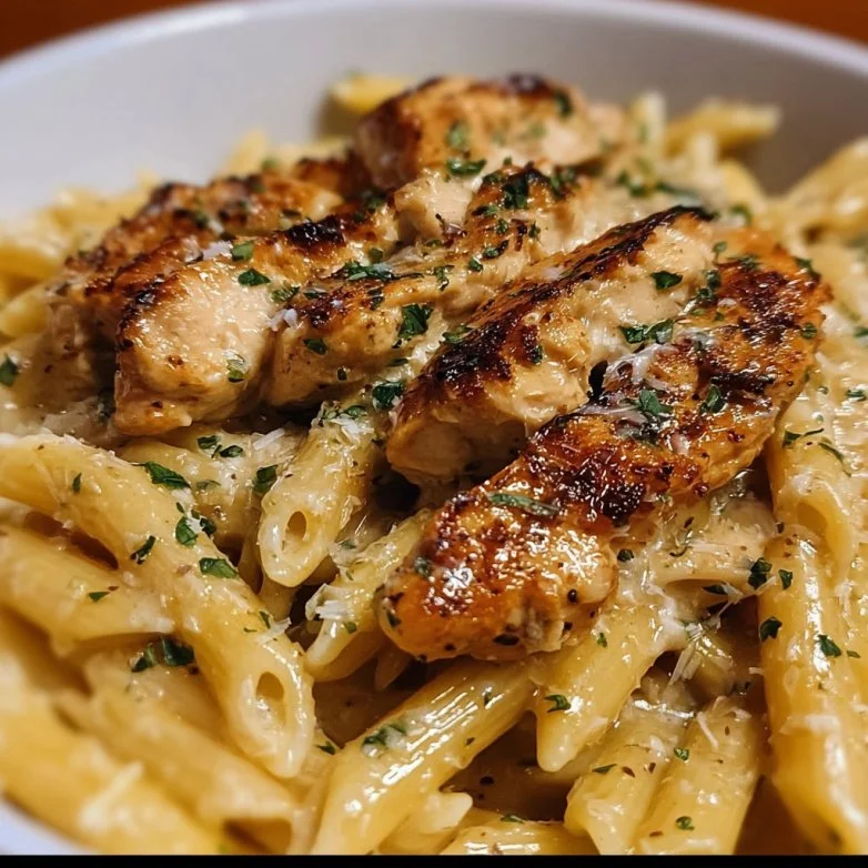 Creamy Parmesan Chicken served with penne pasta in a delicious sauce