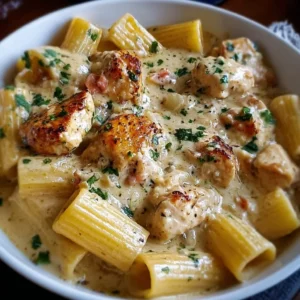 Creamy Parmesan chicken with rigatoni pasta, topped with fresh herbs and Parmesan cheese.