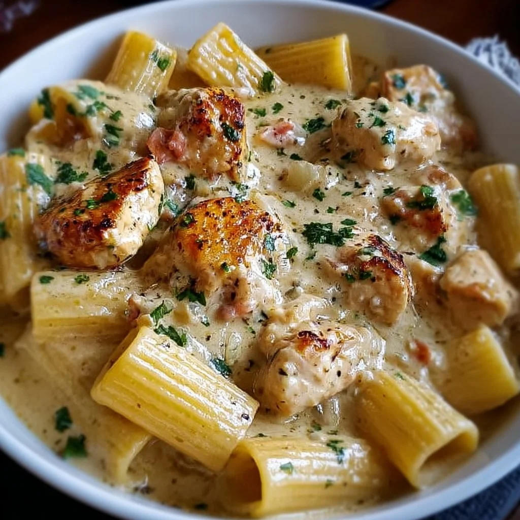 Creamy Parmesan chicken with rigatoni pasta, topped with fresh herbs and Parmesan cheese.