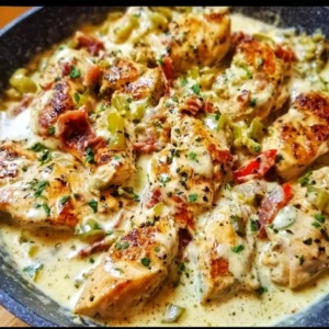 Creamy Pepperoncini Chicken Skillet topped with pepperoncini peppers and served on a plate.
