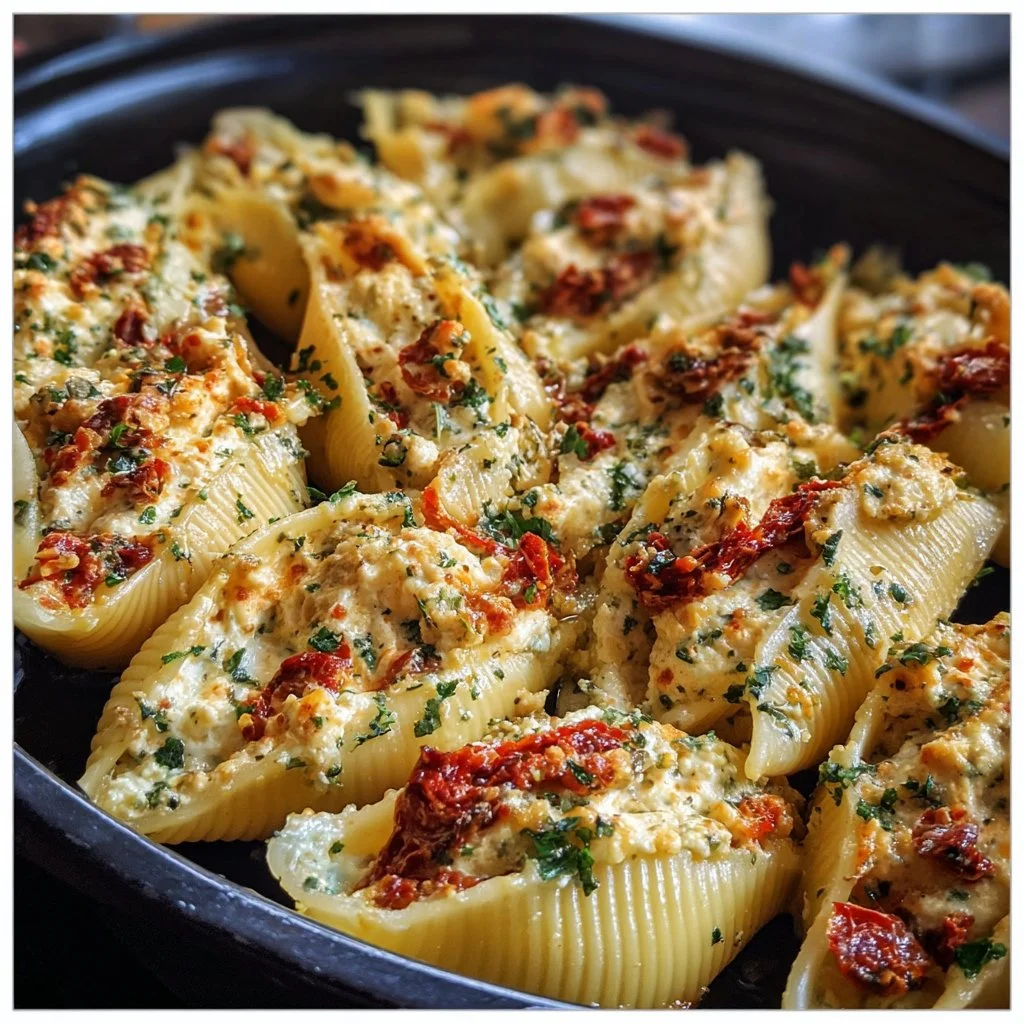 Creamy ricotta and sun-dried tomato stuffed shells prepared and garnished