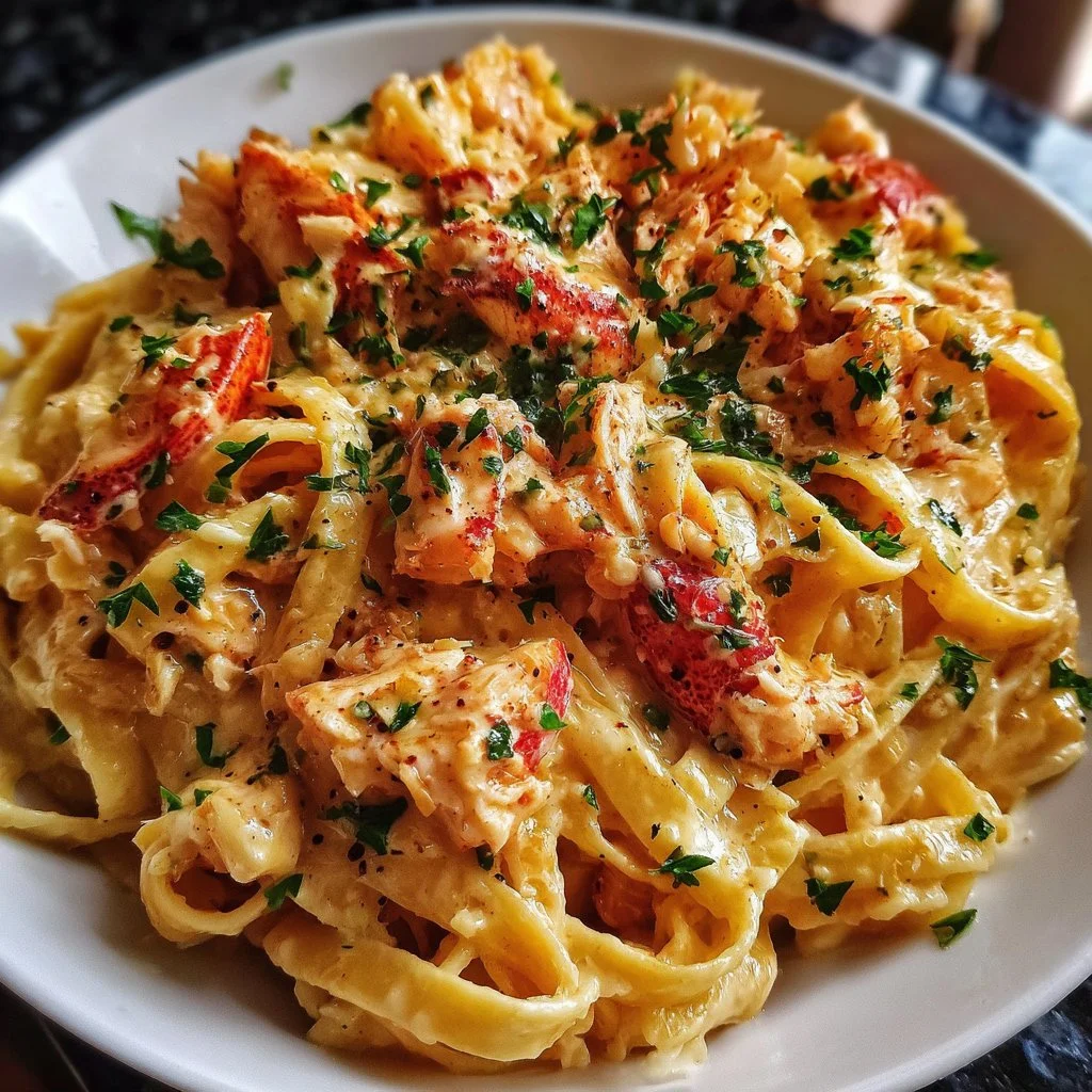 Delicious creamy spicy lobster pasta served in a bowl with herbs