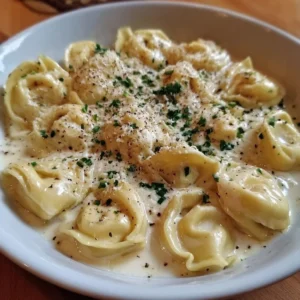 A bowl of creamy Tortellini Alfredo topped with parsley and parmesan cheese.