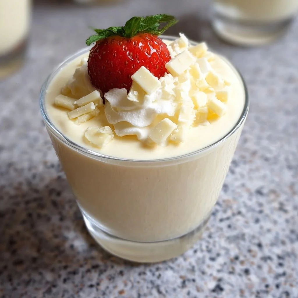 Creamy white chocolate mousse topped with whipped cream and chocolate shavings