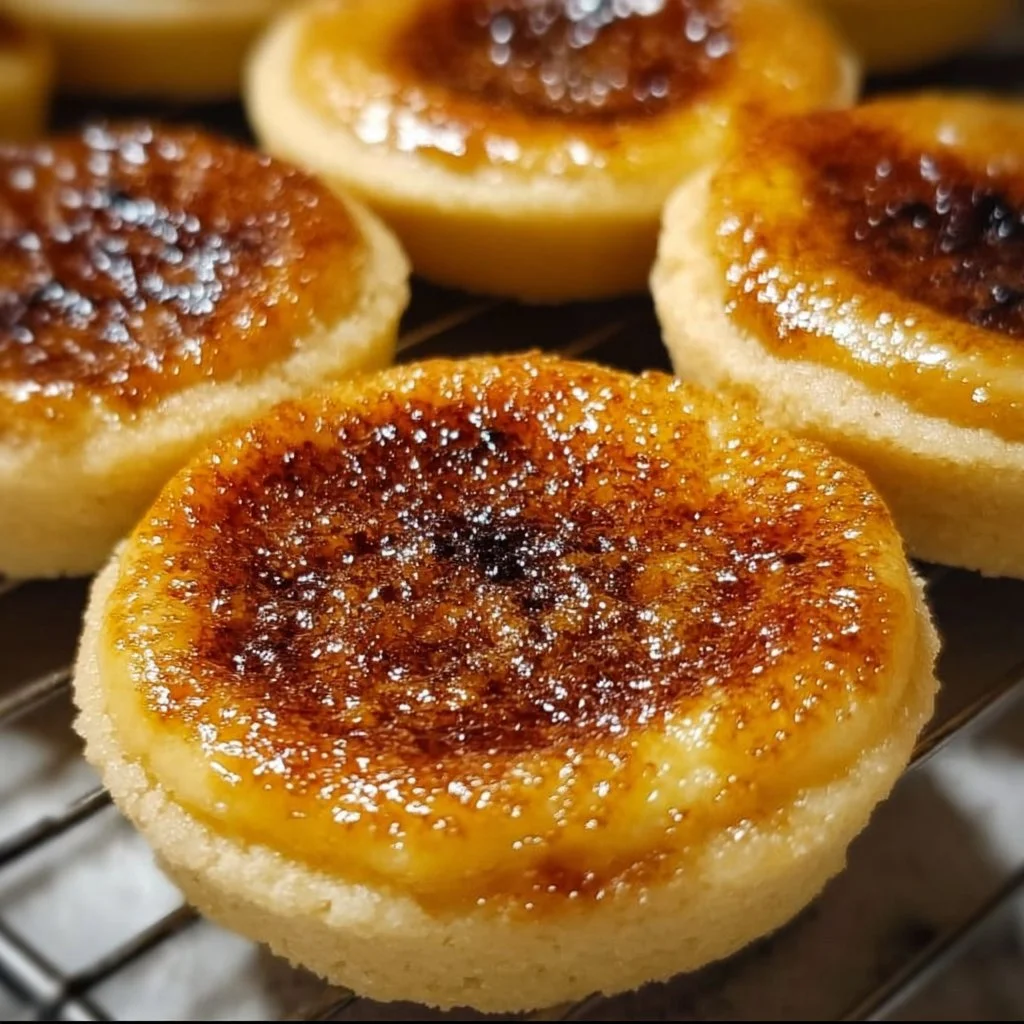 Delicious crème brûlée cookies with a caramelized sugar top and creamy interior.