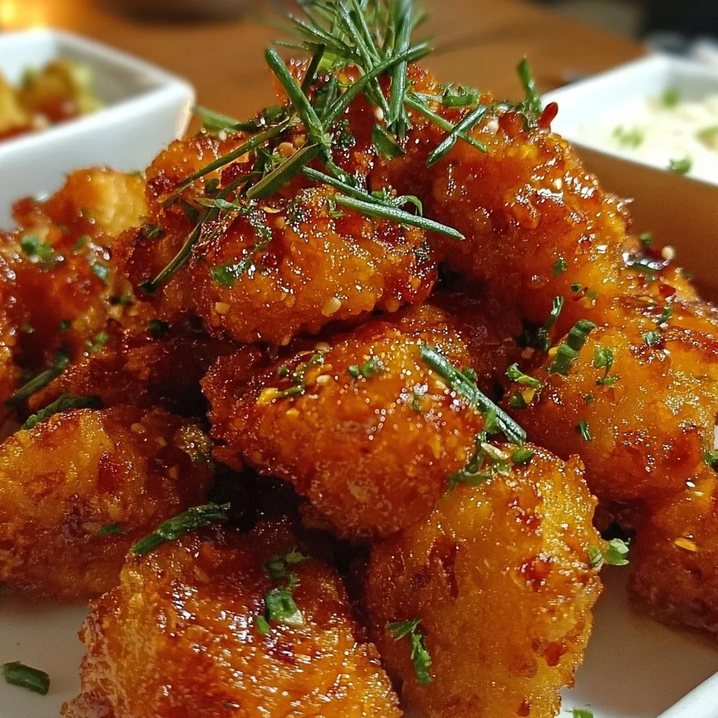 Crispy Bang Bang Chicken served on a plate with spicy sauce and garnishes