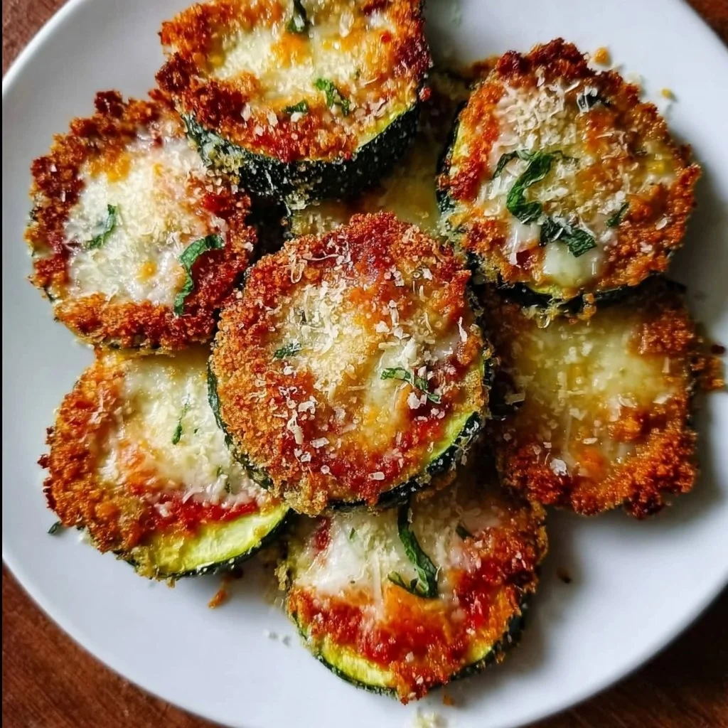Crispy giant zucchini parmesan with golden breadcrumb topping and melted cheese