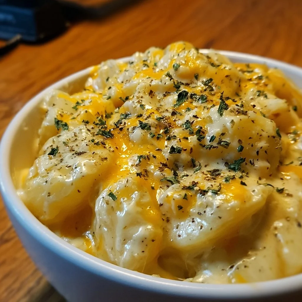Crockpot cheesy potatoes served in a bowl with melted cheese on top.