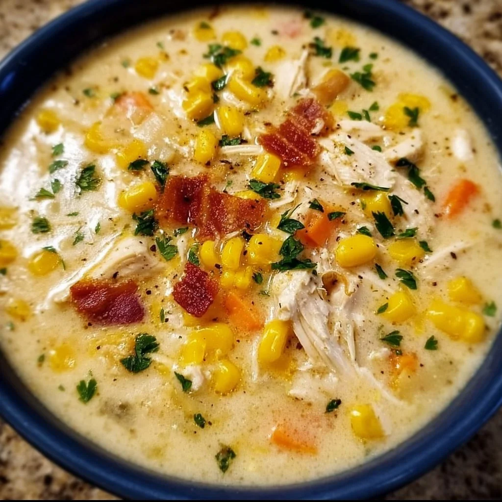 Bowl of creamy crockpot chicken corn chowder with fresh herbs and vegetables