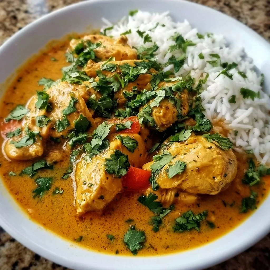 Crockpot Coconut Curry Chicken served in a bowl with rice and vegetables