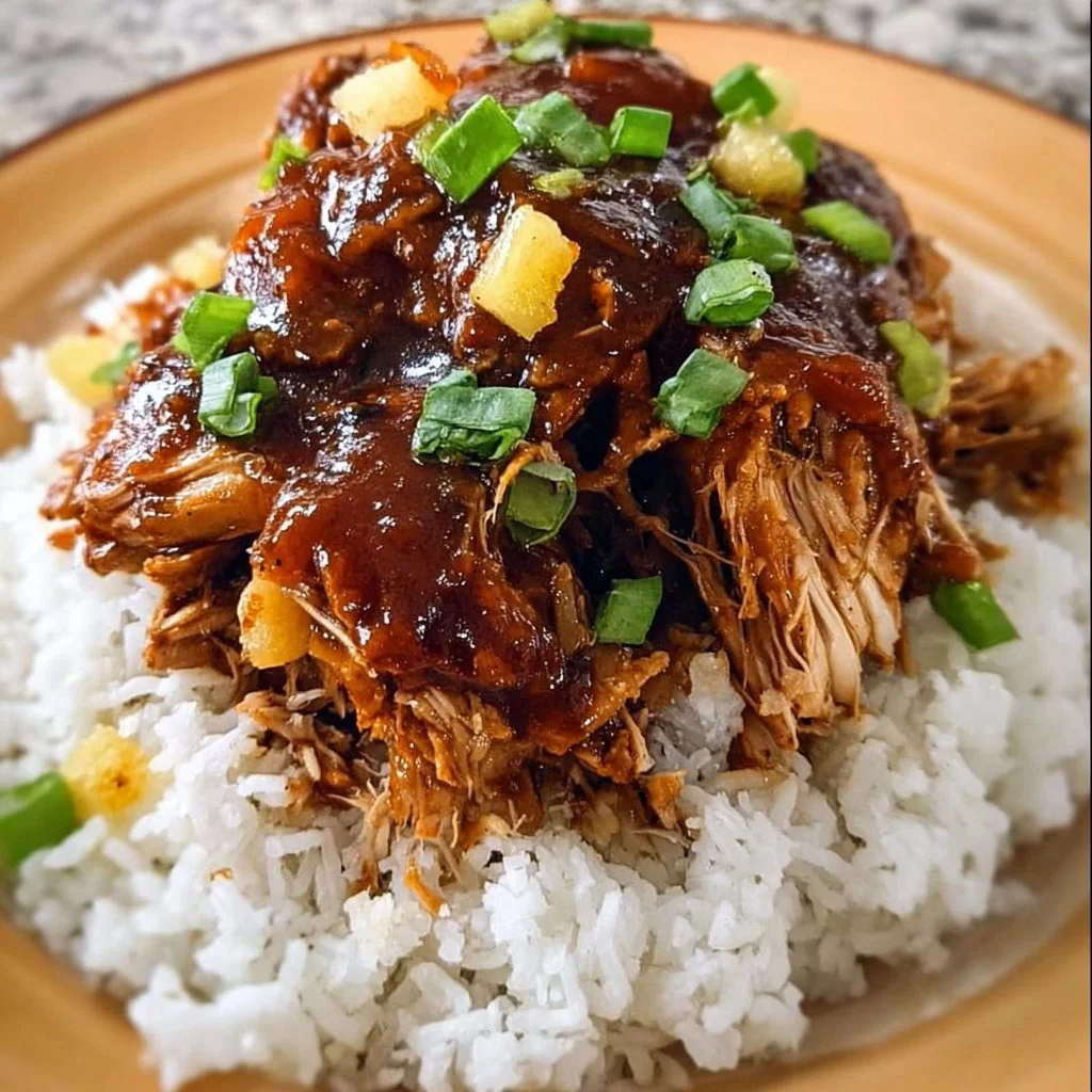 Crockpot Hawaiian BBQ Chicken served on a plate with rice and vegetables