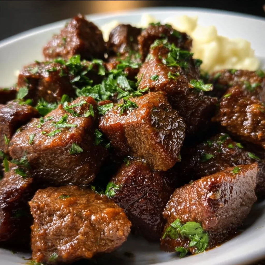 Deliciously cooked crockpot steak bites served on a plate