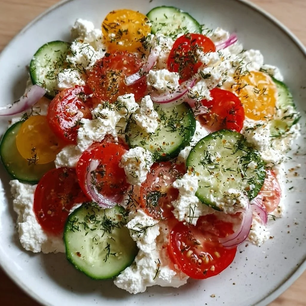 Cucumber and tomatoes salad topped with cottage cheese