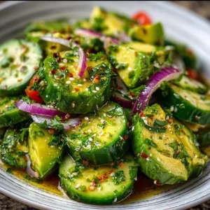 Fresh Cucumber Avocado Salad with lime dressing and herbs.