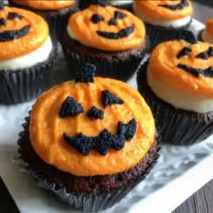 Cute Jack-o-Lantern Cupcakes decorated for Halloween festivities