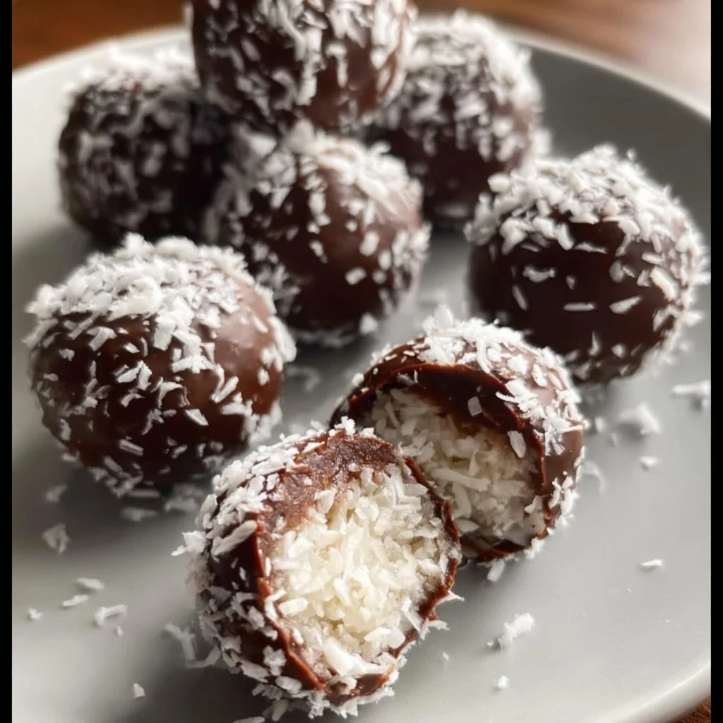 Delicious dark chocolate coconut balls decorated with shredded coconut.