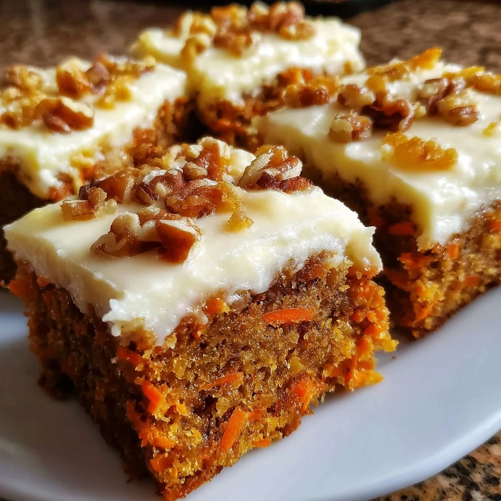 Decadent carrot cake bars with cream cheese frosting on a plate