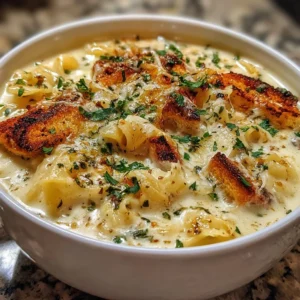 Delicious bowl of Alfredo Lasagna Soup topped with herbs and cheese