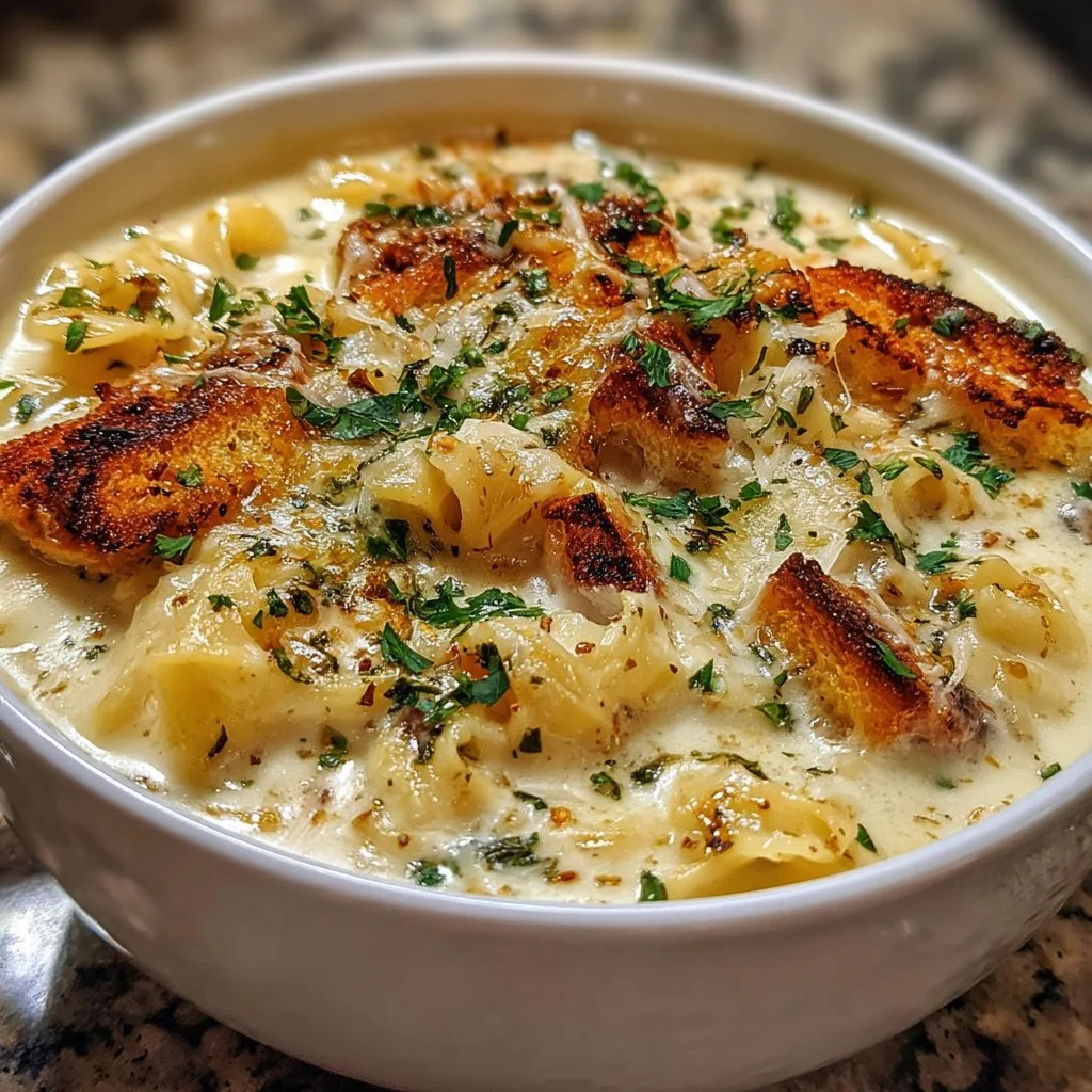 Delicious bowl of Alfredo Lasagna Soup topped with herbs and cheese