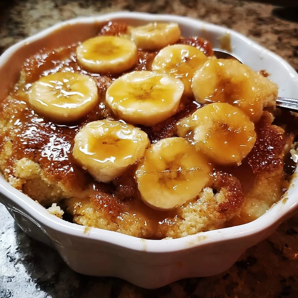 Delicious Bananas Foster Cobbler dessert served in a rustic dish
