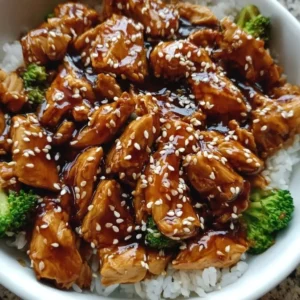 Crockpot teriyaki chicken served in a bowl with veggies and rice