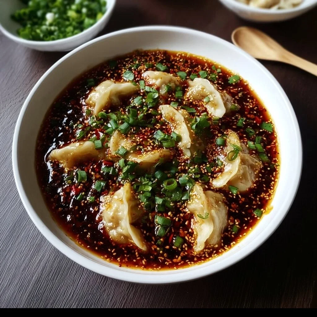 Delicious dumpling sauce served with homemade dumplings on a plate.